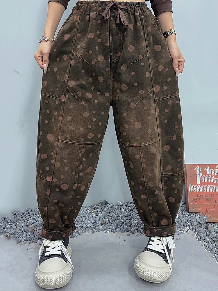 Amax LuluE Pantaloni in denim a pois vintage moda donna autunno Jeans stampati larghi Pantaloni Harem classici casual in vita elastica da donna