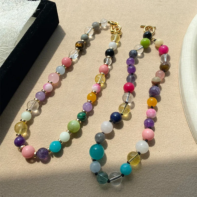 Niche Vintage Round Bead Necklace with Various Colors Natural Stone Crystal Jade Mixed Colors Multi-Gemstone Collarbone Chain
