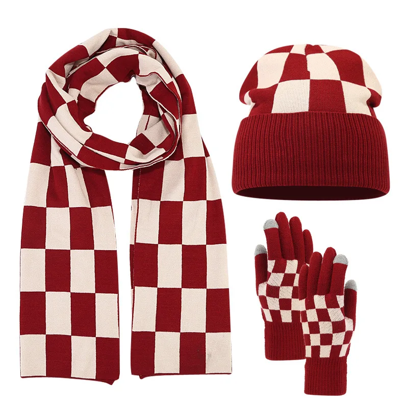 Warmth Men's Knitted Hat Gloves Scarf Christmas Three-Piece Winter Women's Checkerboard Double Thick Woolen Hats Christmas Gifts