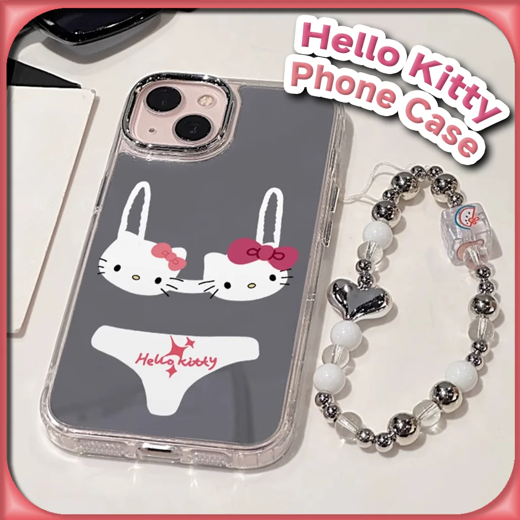 Kawaii Bikini Hello Kitty Mirror Phone Case for IPhone 15 14 13 12 11 XS/XR 7/8 Pro Max Sanrio Protective Cover with Pendants