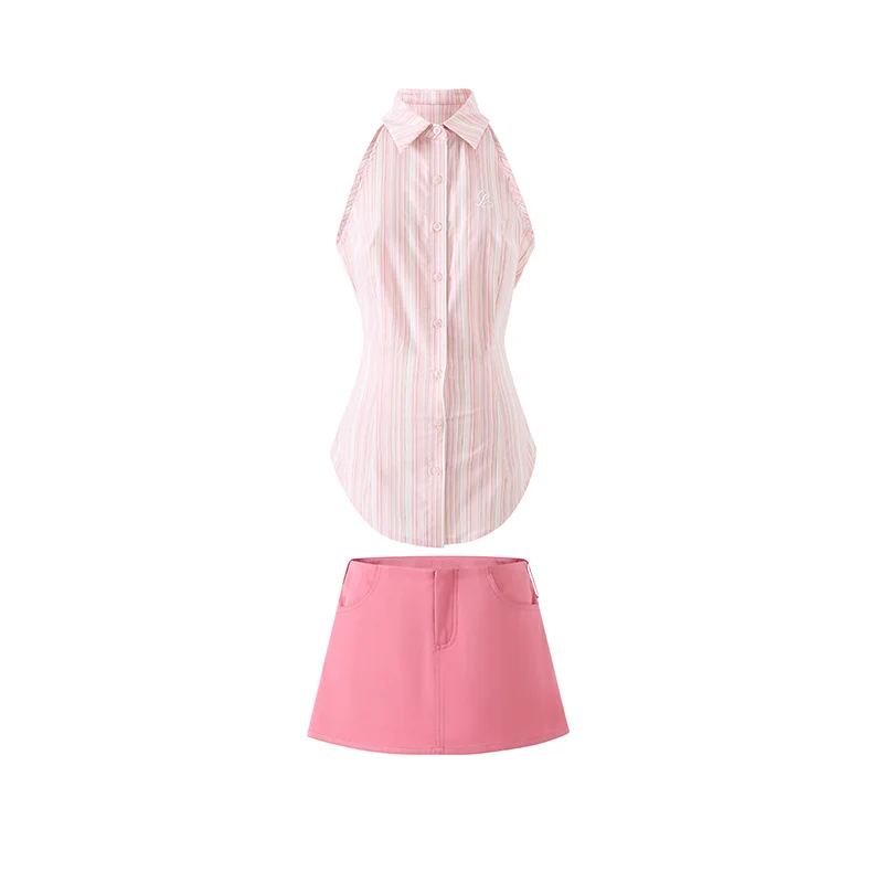 Vest Dames Katoenen Zomer Nieuw Verstelbaar Taille Roze Wit Gestreept Polokraag Overhemd Pak Mode All-Matching Trendy Slim Fit