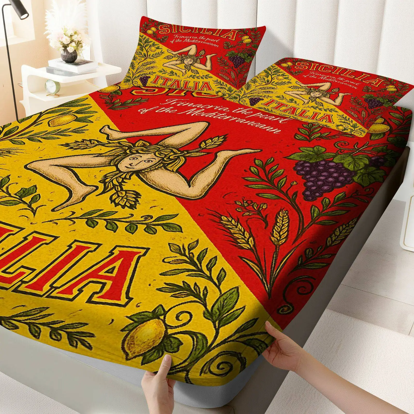 Customize 3pcs Italy Sicily Mediterranean Fitted Sheet Three Piece Set (1*Fitted Sheet+2*Pillowcases, Coreless), Cultural Theme,
