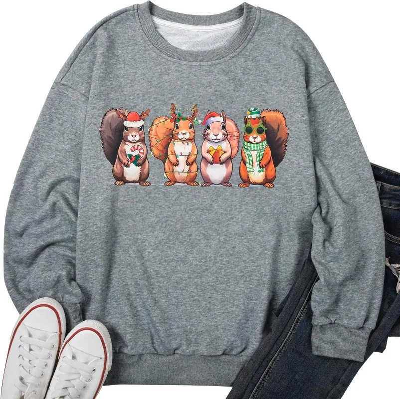 JINTING クリスマスプルオーバー 女性用 リス クリスマスライト スウェットシャツ かわいいクリスマスグラフィック 長袖プルオーバー 冬用パーカー
