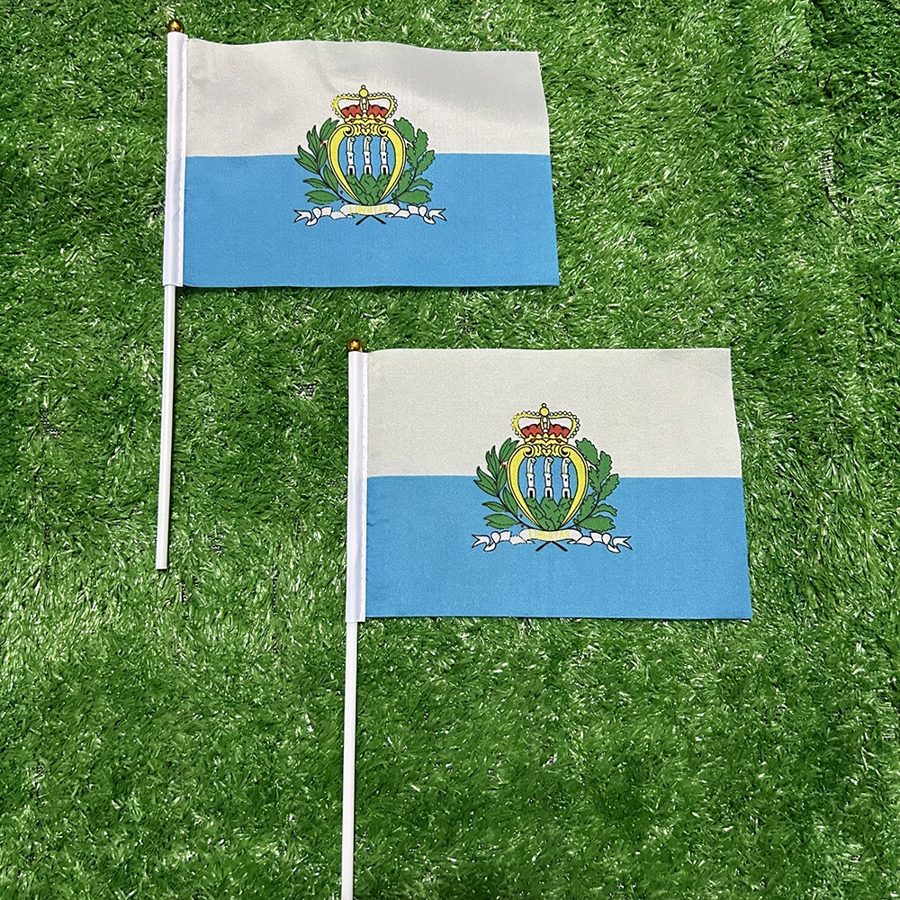 SKY FLAG San Marino hand Flag 10/20/50/100pcs 21*14cm San Marino Hand Waving Flags With plastic pole For Sports Activity Decor