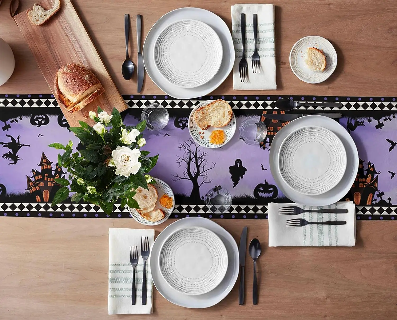 Halloween Pumpkin Castle Bat Spiders Linen Table Runners Dresser Scarf for Kitchen Reusable Table Runners Halloween Decorations