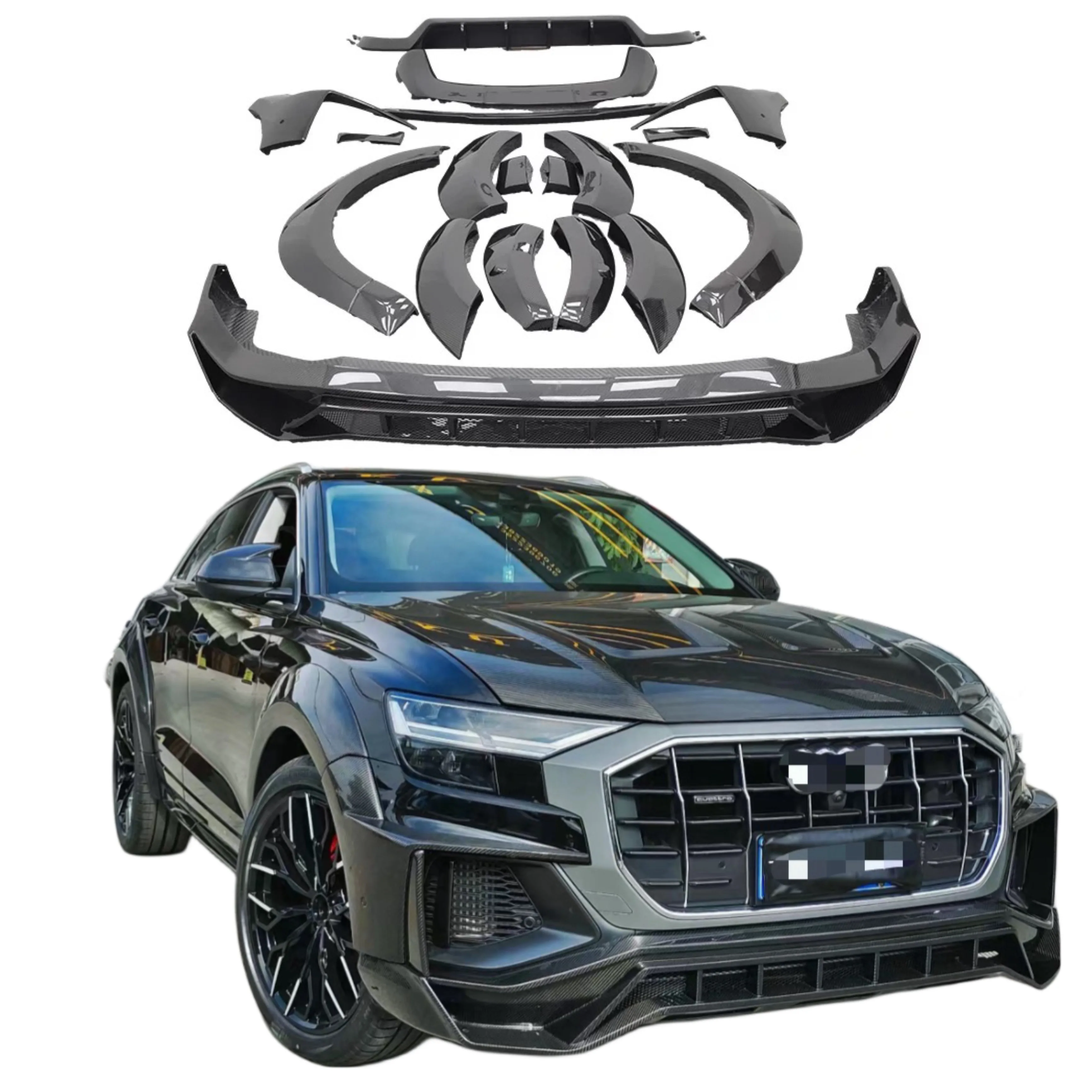 Dry Carbon Fiber Body Kit Front Bumper Edge Side Skirt Rear Diffuser Rear Spoiler For Audi Q8 PD Style Body Kit