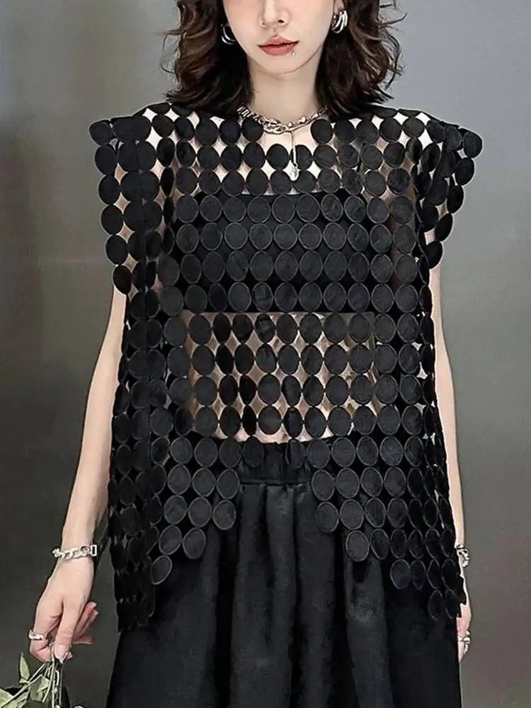 Black Hollow Out Women Big Size Vest New Round Neck Sleeveless Personality loose Fashion Spring Summer 2026 1DFO1