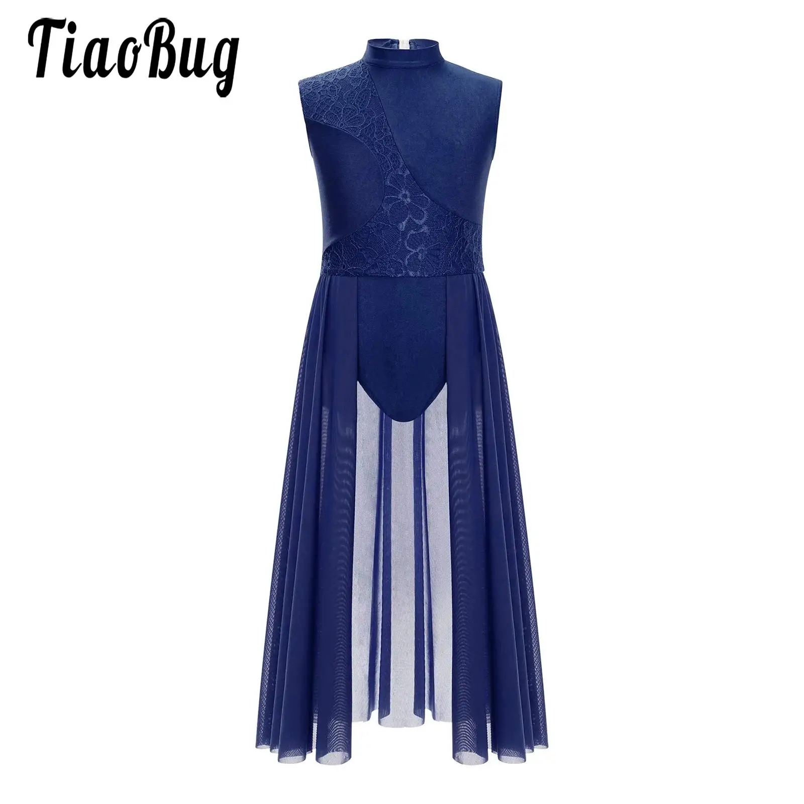 

Kids Girls Lyrical Dance Figure Skating Dress Modern Dancewear Mock Neck Sleeveless Leotard Mesh Dress Stage Performance Costume