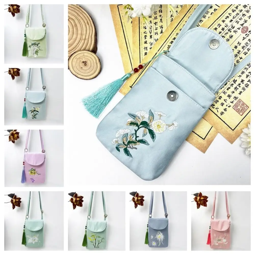 

Tassel Embroidery Phone Bag Chinese Style Ancient Style Versatile Crossbody Bag Purse Double Layer Flower Shoulder Bag