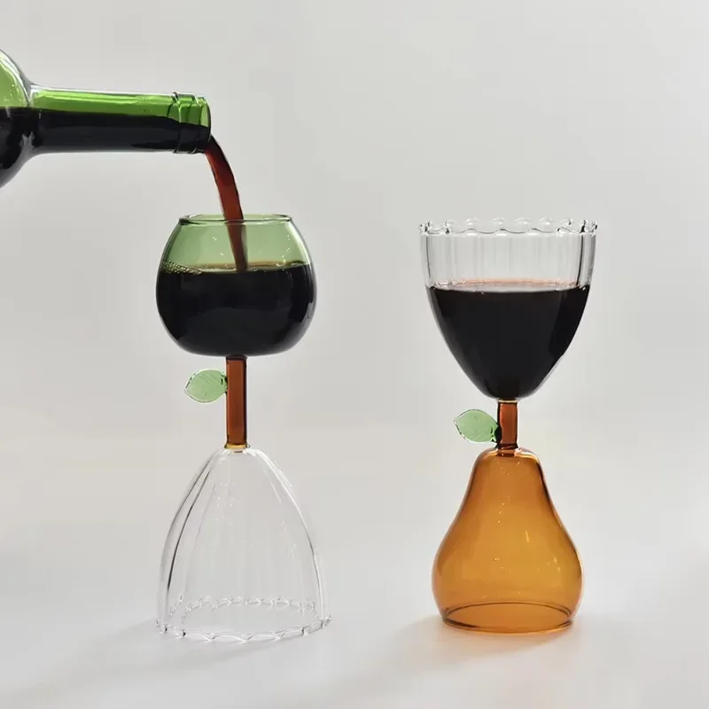 1 PC 240ml 8oz Creative Nordic Ripple Glass Goblet with Fruit Green Apple Yellow Amber Pear Base Cocktail Glasses Cup