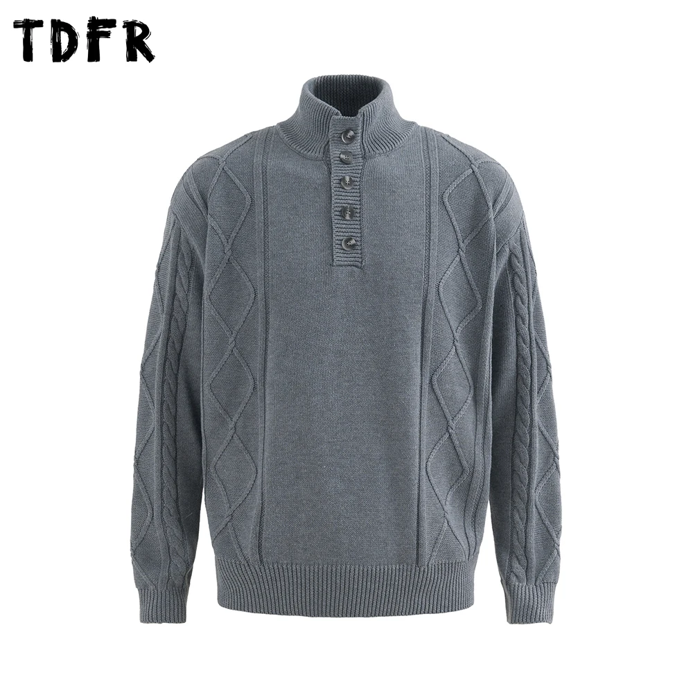 

Водолазка с украшением на пуговицах, мужской осенне-зимний однотонный повседневный свободный вязаный пуловер в стиле ретро с длинными рукавами, мужской