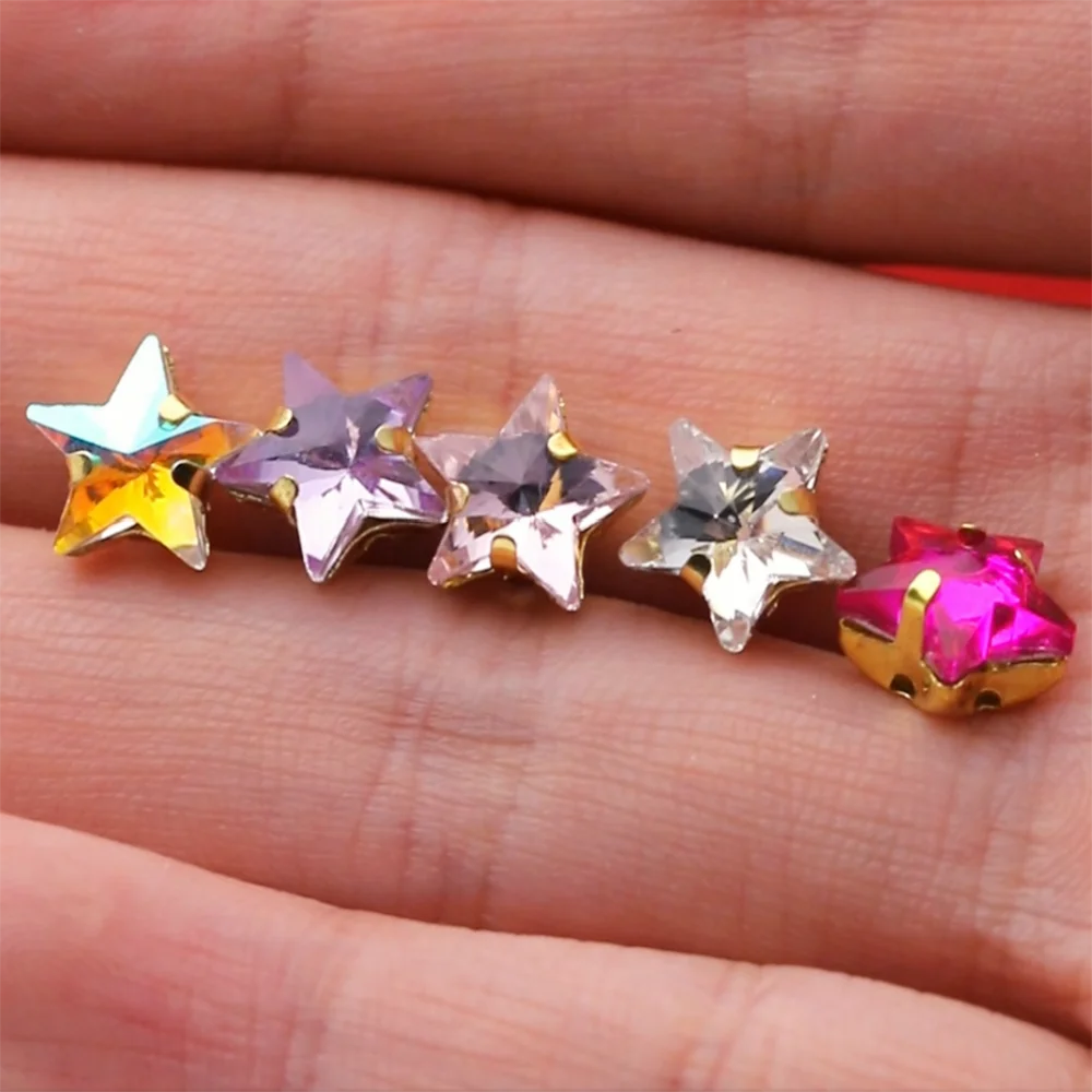 10mm Sewing Glass Beads Star Shape Diamond Sew On Rhinestones With Gold Base Flatback Crystal Decorations For Jewelry DIY