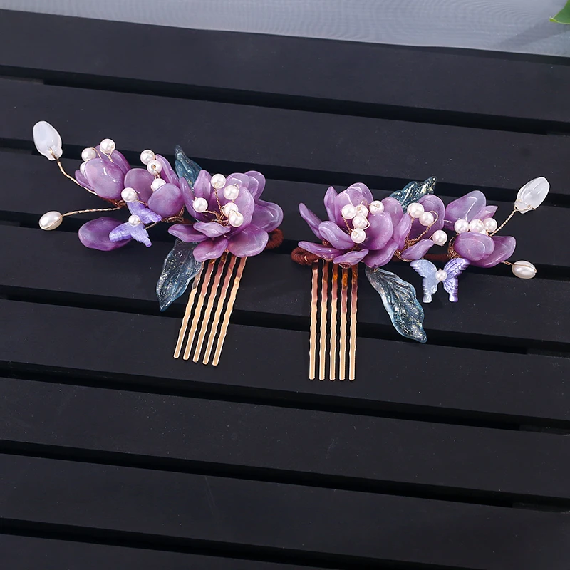 Chinese Glazed Flower Hairpin Purple Floral Hair Comb Fairy Tassel Tiaras Vintage Wedding Accessories Classic Hanfu Hair Jewelry