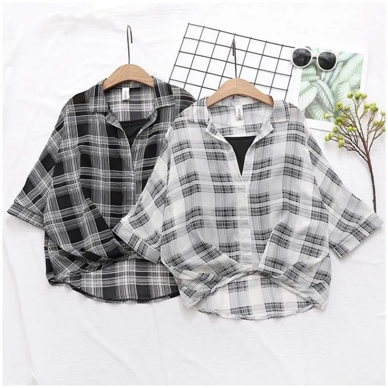 Striped Plaid Vintage Polo Neck Shirt Loose Black Vest Two Piece Set Women\'s Blouse Shirt Korean Fashion Female Clothing Tops