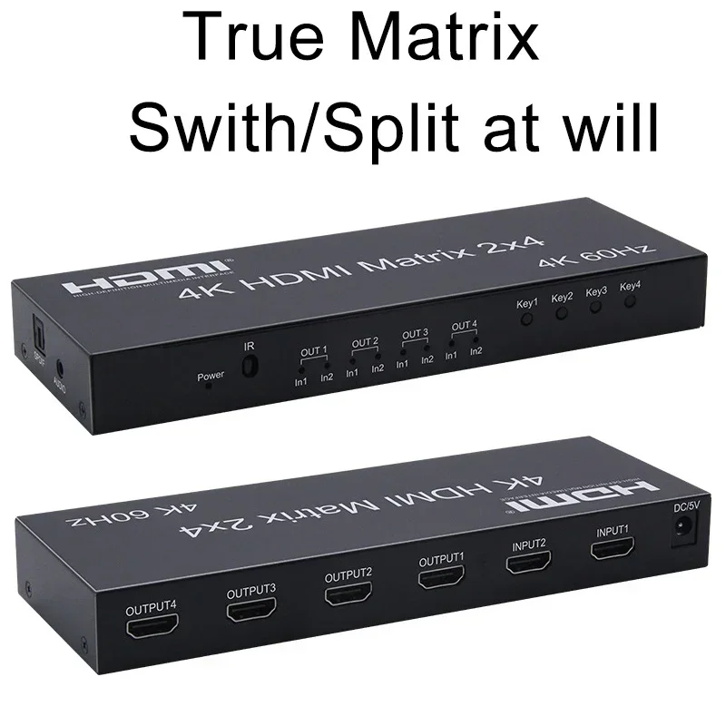 4K 60Hz HDMI Matrix 2x4 HDMI Switch Splitter  2 Inputs and 4 Outputs Switcher Audio Extractor for Camera Laptop PC To TV Monitor