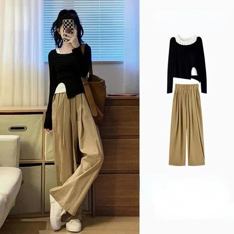 Spring Hong Kong Style Playful Lively Ageing Casual Fashion Sweet Cool Top Wide Leg Pants Two-piece Suit Female