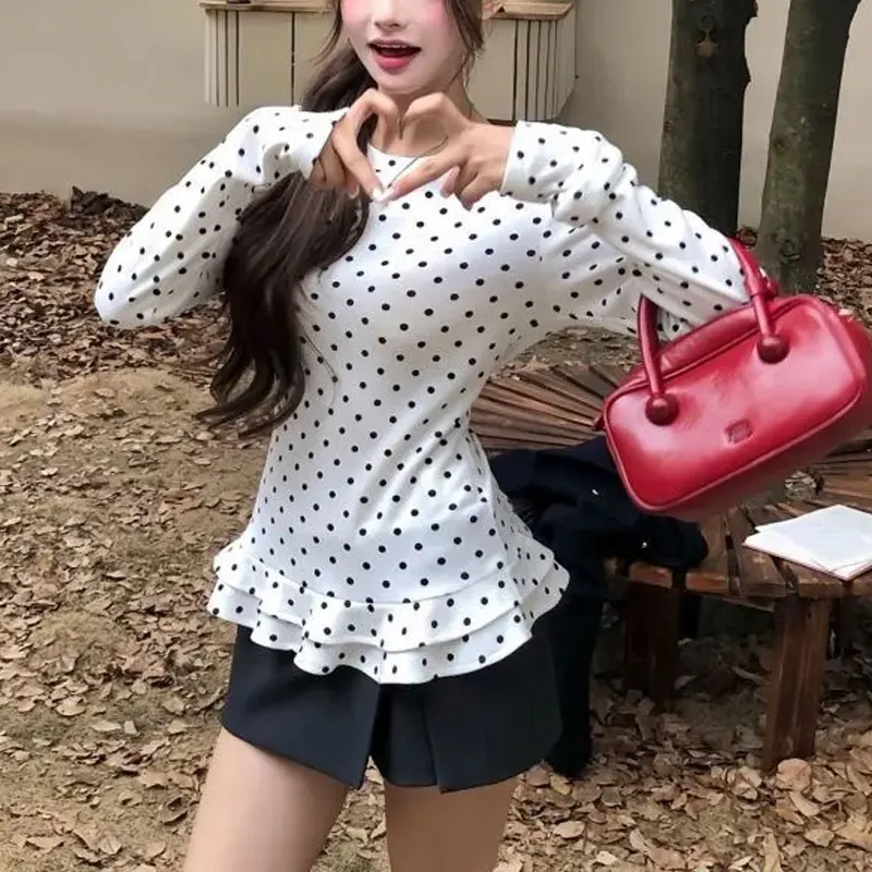 

Korean Polka Dot Printed Slim T-shirts Women's Clothing Round Neck Autumn Hotsweet Stylish Ruffles Spliced Long Sleeve Pullovers