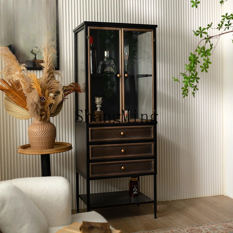 ZYY خزانة زجاجية فاخرة خفيفة على طراز وابي سابي لغرفة المعيشة خزانة عرض حرفية على الطراز الصناعي خزانة تخزين متعددة الأدراج #4