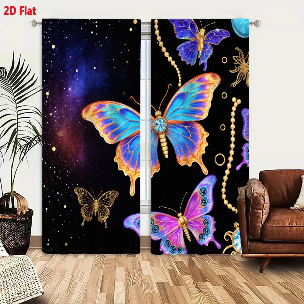 2Pcs Curtains 2D Flat Fantasy Starry Night Sky Nebula Golden Stars Ornate Butterfly Iridescent Blue Orange Wings Central Blue Ge