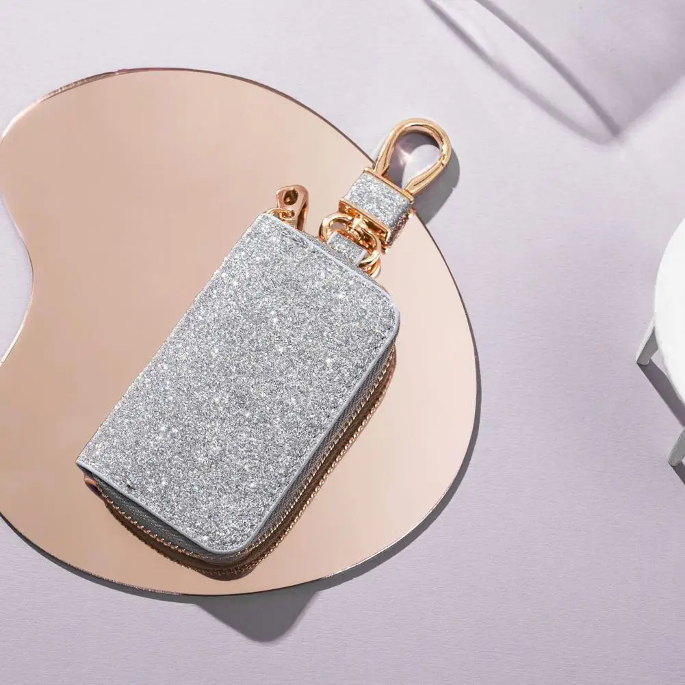 

Car Key Holder Key Bag with Zipper Closure Glittery Faux Leather Car Key Case with Zipper Holder for Men Women Mini Portable Bag