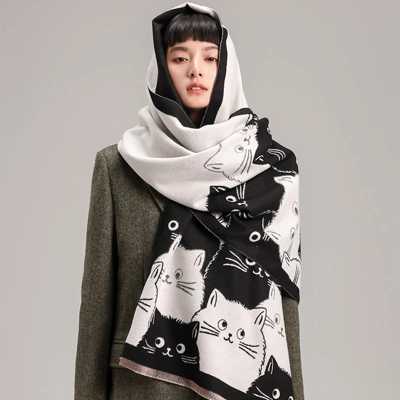 New Cute Cat Color‑Block Cartoon Women's Long Thickened Warm Faux Cashmere Large Shawl Autumn Winter Versatile Wrap Scarf