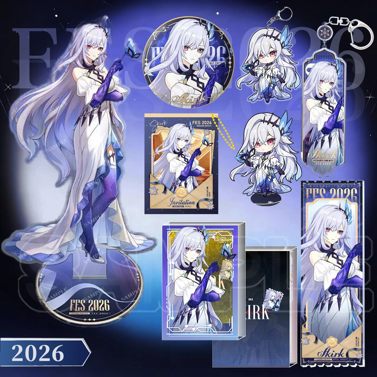 Game Yuanshen Skirk 2026 FES Peripheral 8pcs Set Double Flash Badge 16CM Large Acrylic Standee Keychain Genshin Impact