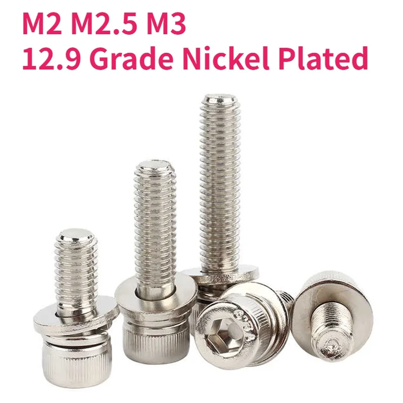 12.9 Grade Carbon Steel Nickel Plated Hex Hexagon Socket Cap Head SEM Screw Flat Washer Spring Gasket Assemble Bolt M2 M2.5 M3