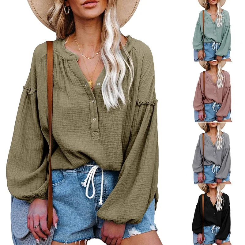 

Loose V-Ne Lantern Sve Pullover irt Women's Long Sve Top 2023 Spring Collection Color Faion Ladies' irt