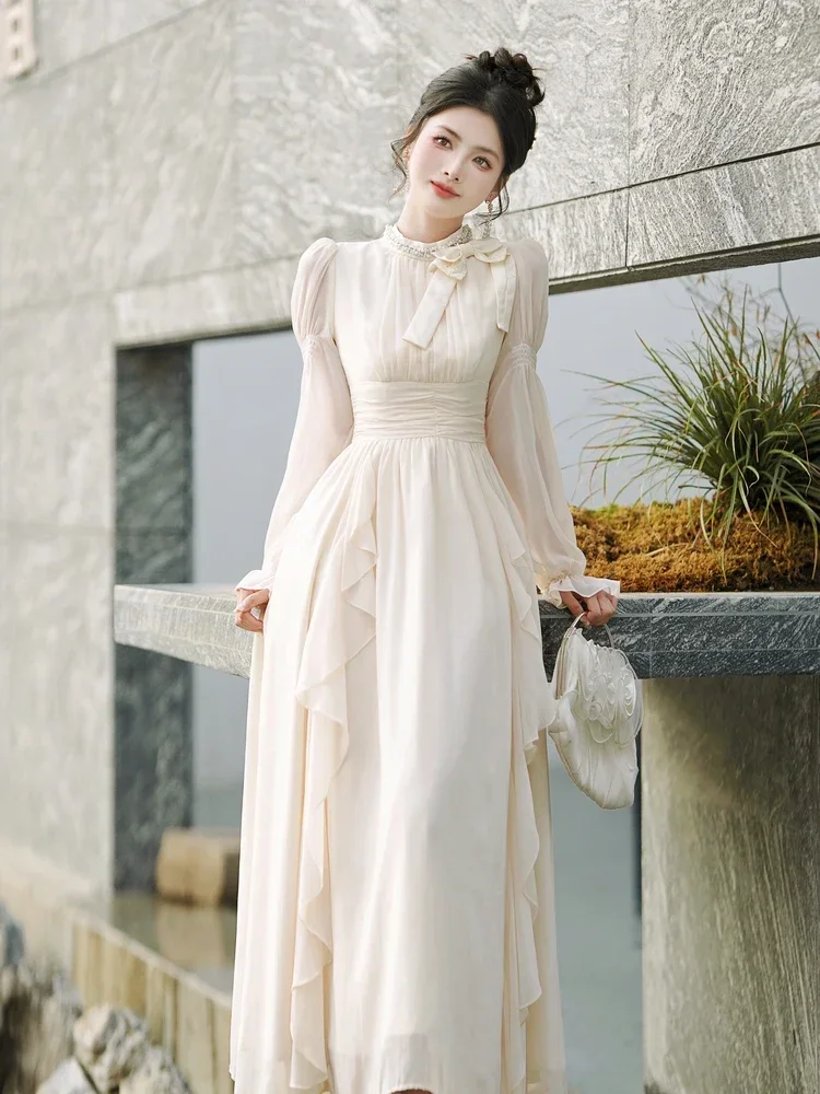 ربيع الخريف المرأة Fairycore فستان الأميرة الوقوف طوق الماس الشيفون القوس فستان الحفلات أنيقة المؤنث الكشكشة ميدي فستان