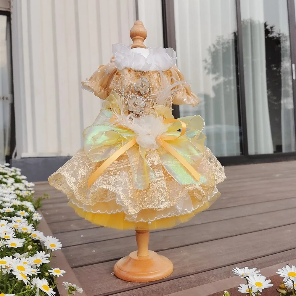 Handmade Dog Clothes Pet Supplies Dress Champagne Feather Embroidery Palace Pressing Sleeves Princess Gown Tutu Holiday Costume