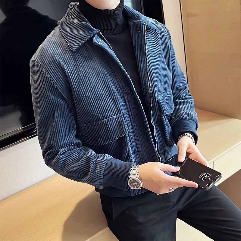 

New Men's 2023 Spring Autumn Short Casual Jackets Male Solid Color Corduroy Overcoats Men Turn-down Collar Pockets Coats P578