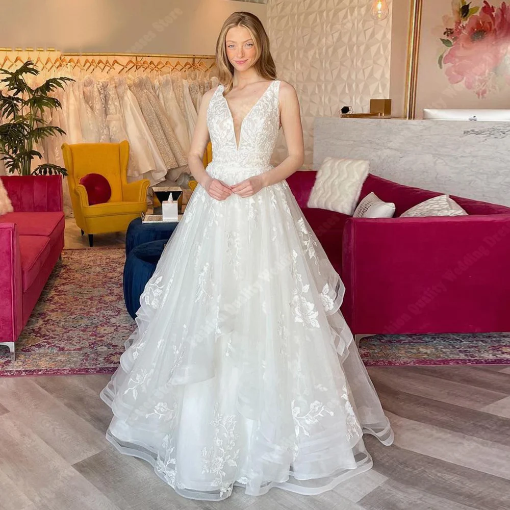 

High Quality Fluffy Tulle Surface Wedding Dresses Sleeveless Bridal Gowns Sexy Deep-V Mopping Length Princess Vestidos De Novias