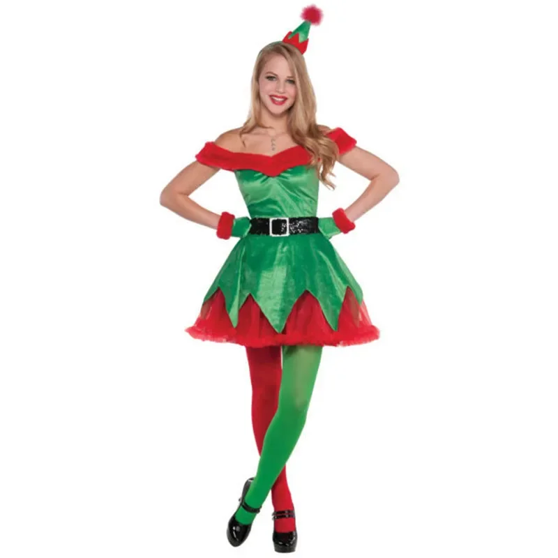 Women\'s Christmas Tree Costumes Xmas Party Cosplay Green Elf Suit