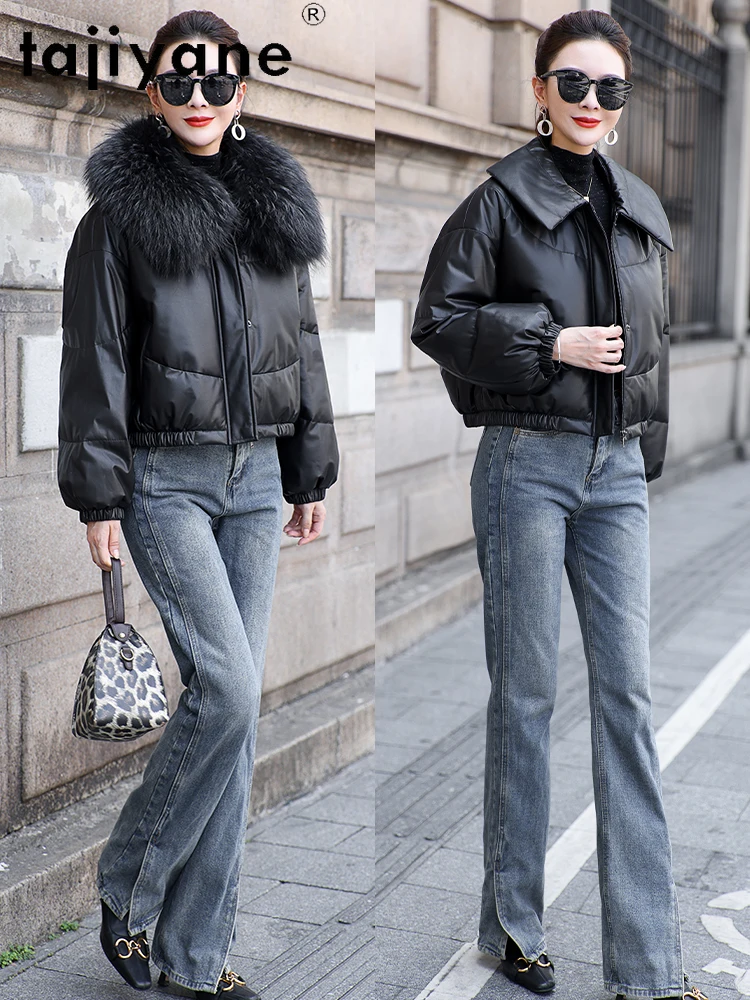 TAJIYANE 100% أعلى الحبوب جلد البقر أوزة أسفل معطف قصير الجلد الحقيقي سترة منفوخة المرأة الراكون الفراء طوق الملابس الشتوية 2025 كورت