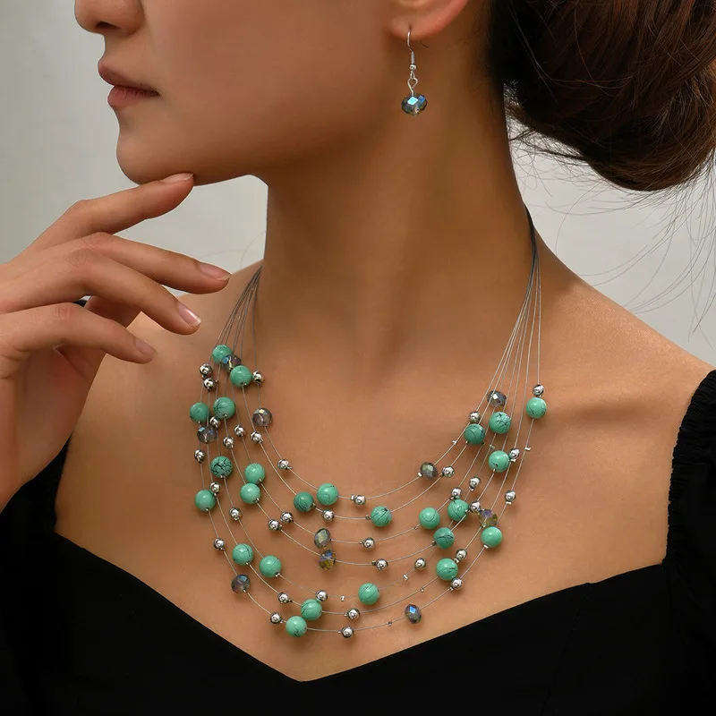 Ethnic Boho Multilayer Colorful Pearl Beads Necklace&Earrings Set For Women Simulated Pearl Jewelry Set Party Favor Wedding Gift