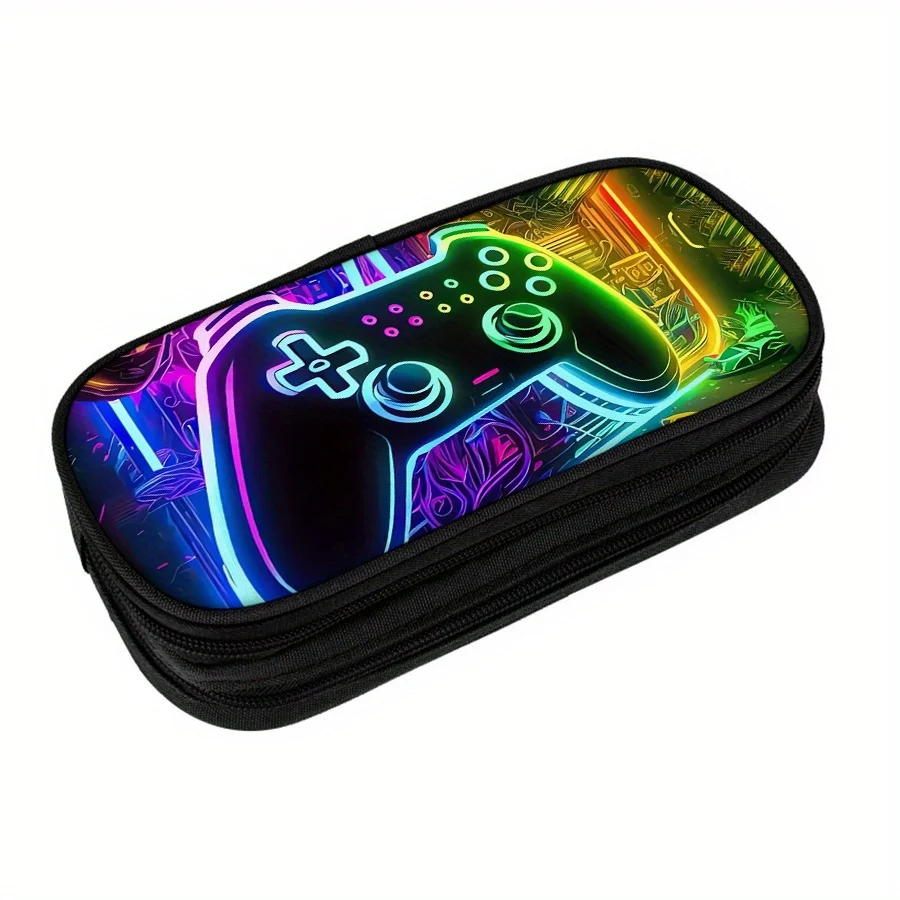 Colorful Game Controller Printed Pencil Case - Durable Black Fabric with Vibrant Neon Design, Perfect for School, Office