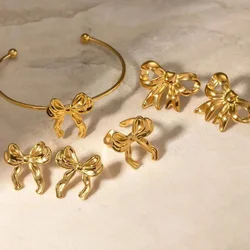 Gold Color Bow Jewelry Set Earrings Bracelets Rings For Women Fashion Cute Stainless Steel Party Wedding Valentine's Day Gifts