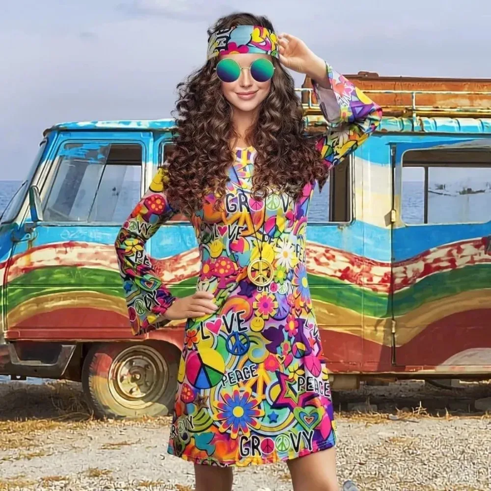 Women’s Hippie Dress 1970s Costume Necklace Earrings Sunglasses Disco Outfit 1960s Party Costume Halloween Retro Dress (M Size) view 4