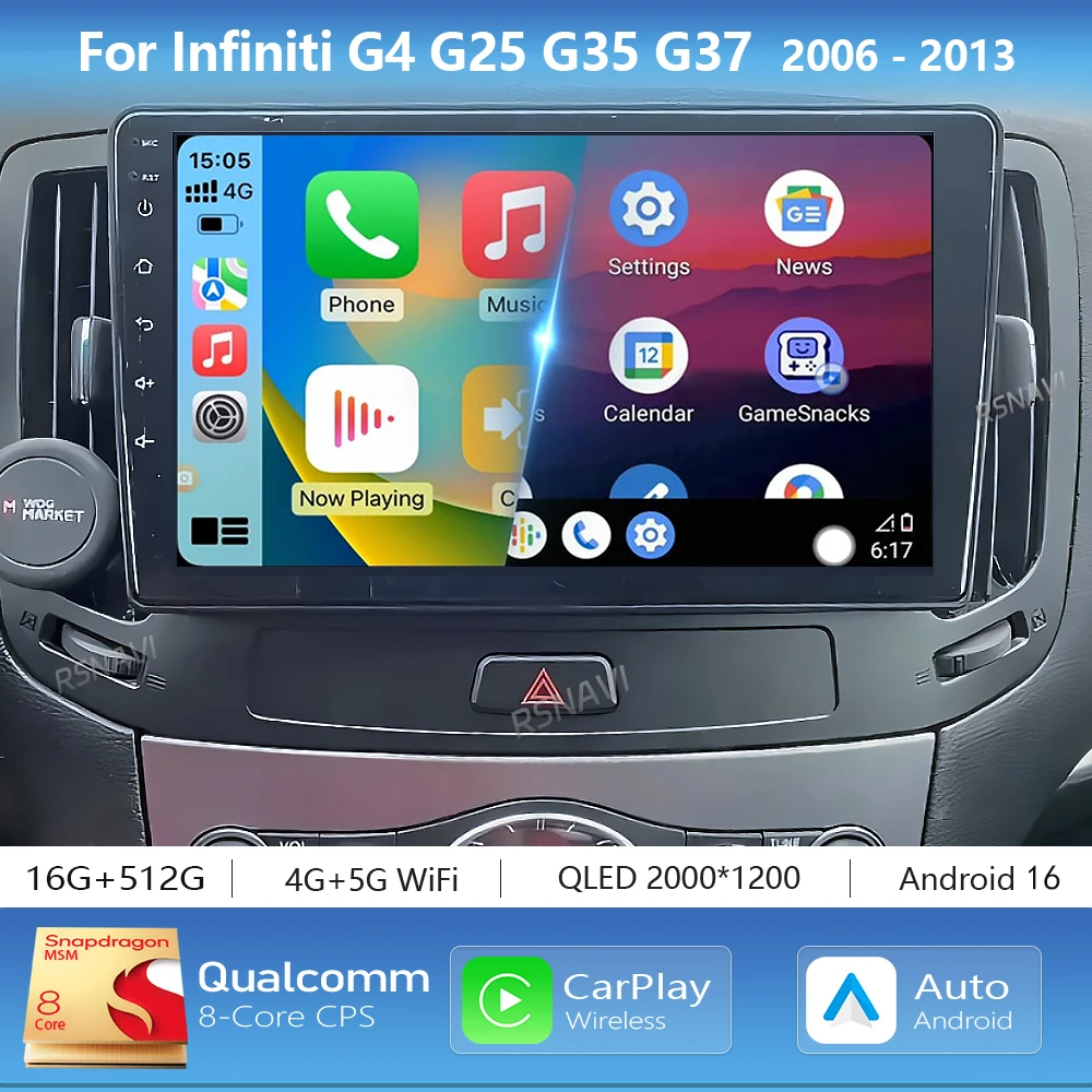 Android 16 Carplay Auto 2K Screen Car Radio BT Multimedia Player For Infiniti G4 G25 G35 G37 2006-2013 2Din Autoradio Stereo 360