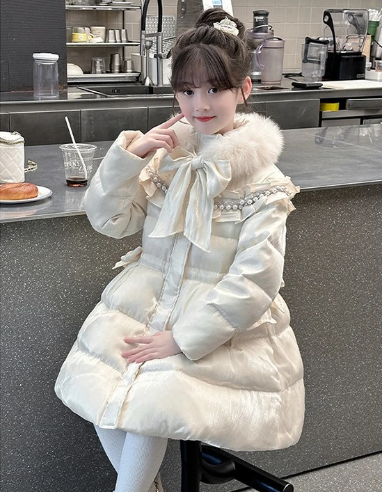 

2025 New Girls Puffer Coat Korean Fashionable Princess Dress Hem Quilted Solid Color Jacket Winter Coat for Big Kids