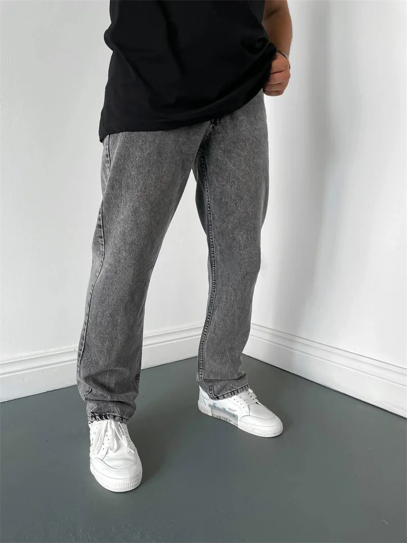 Men's Simple Style Denim Pants Solid Color Splicing Loose Casual Straight Jeans Male Streetwear Pocket Four-season Trousers Boys