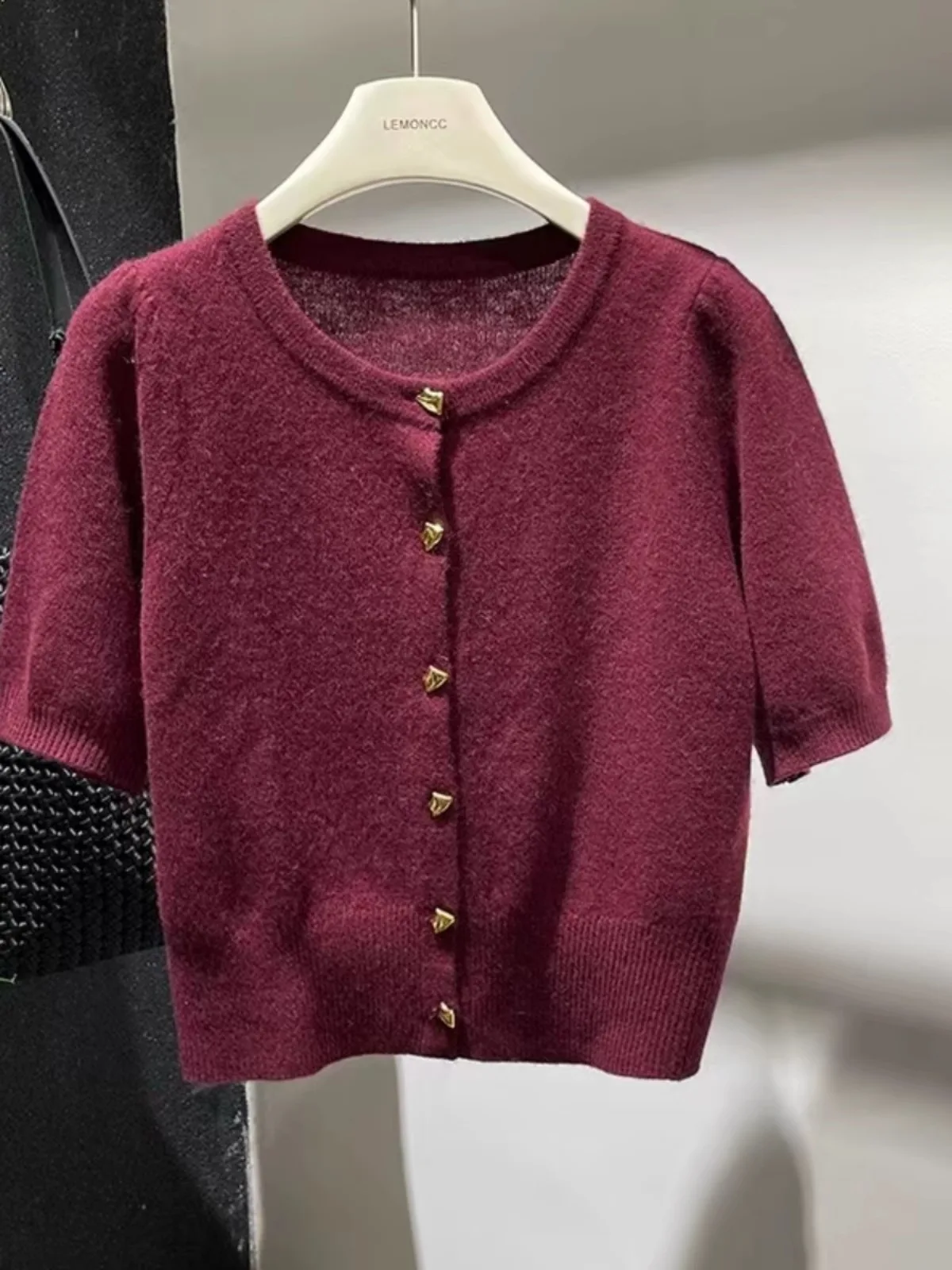 ヨーロッパステーション春夏新作トップスレディース100ウールニットカーディガン半袖ラウンドネックデザインセンスカシミヤセーター