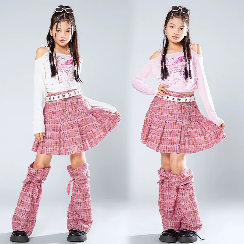 Girls Jazz Dance Costume Long Sleeve Top Skirts Stage Outfit Performance Kids Street Dance Hip Hop Walk Show Costume DQL9763