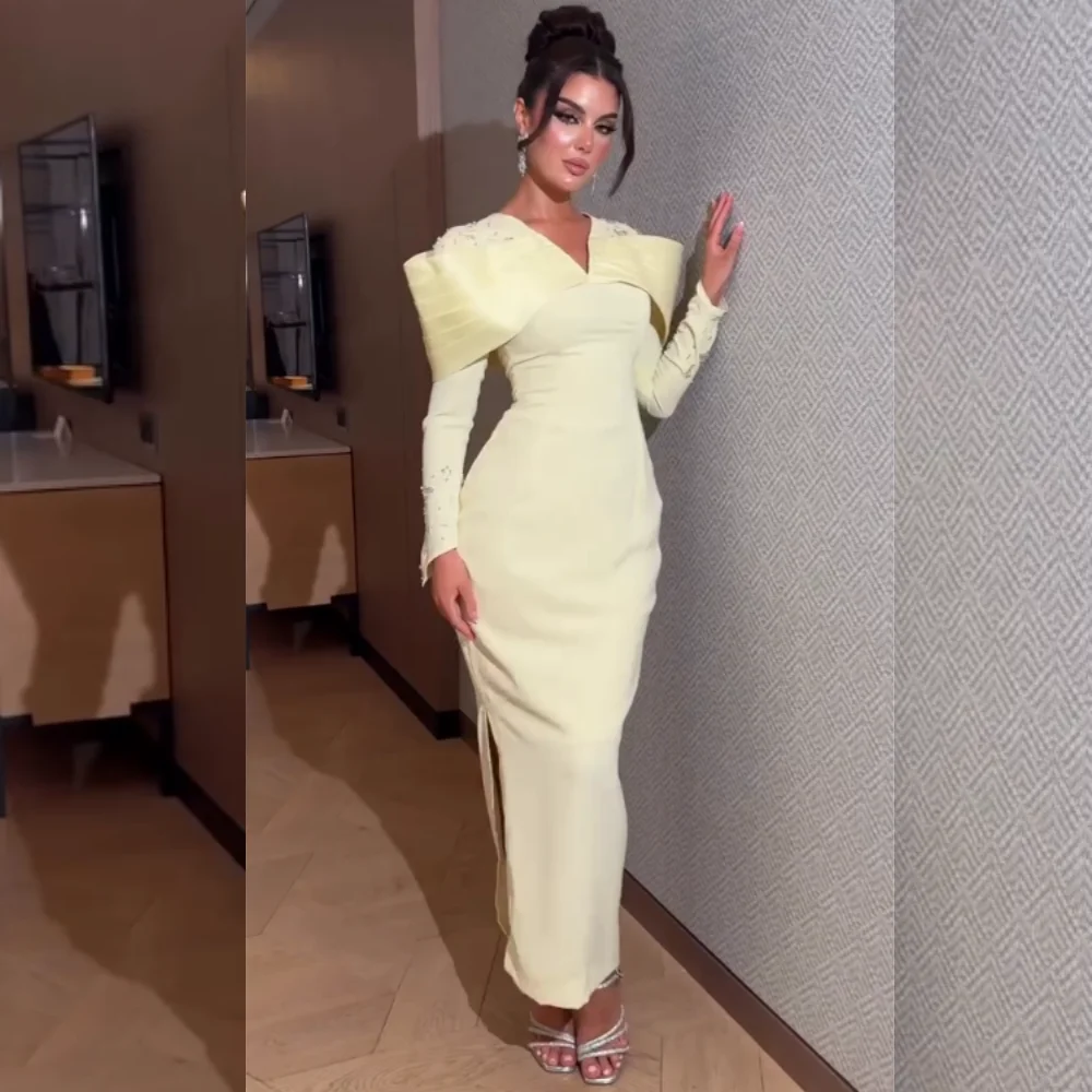 

Customized Classic Exquisite Jersey Sequined Pleat Straight V-neck Midi Dresses Bespoke Occasion Matching