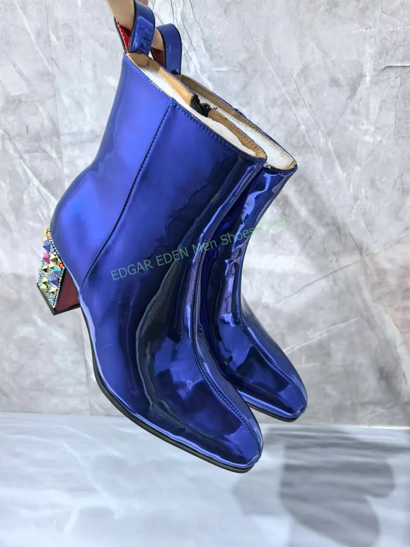 Fashion Colorful Crystal Decoration Square 5cm High Heel Ankle Boots Pointed Toe Side Zipper Male Blue Wedding Boots Shoes