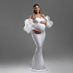 Stretchy White Prom Dresses Women Empire Waist Maxi Gown Solid Pregnancy Dress with Puff Sleeves Vestido de Novia Customized