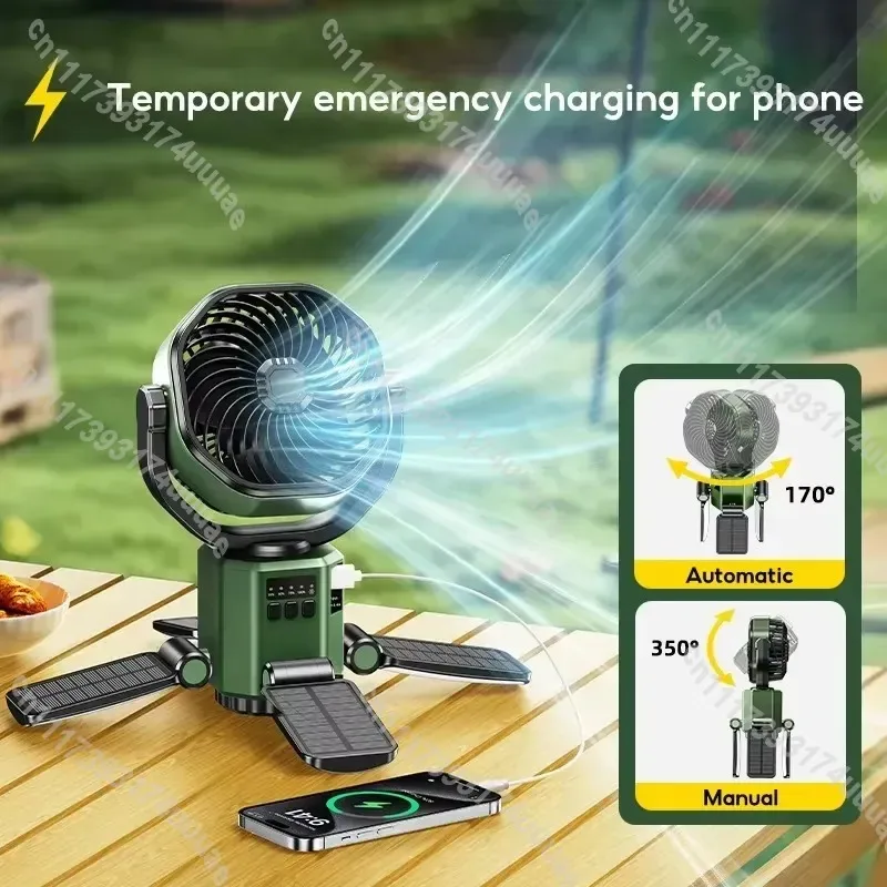 6000mAh Solar Camping Fan with LED Light 4 Speed Portable USB Rechargeable Tent Air Cooler for Outdoor Hiking Travel