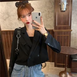 DAYIFUN Black Thin Suit Jacket Lady Spring Summer New Long-sleeve Female Blazer Crop Top Korean Solid Double Breasted Short Coat