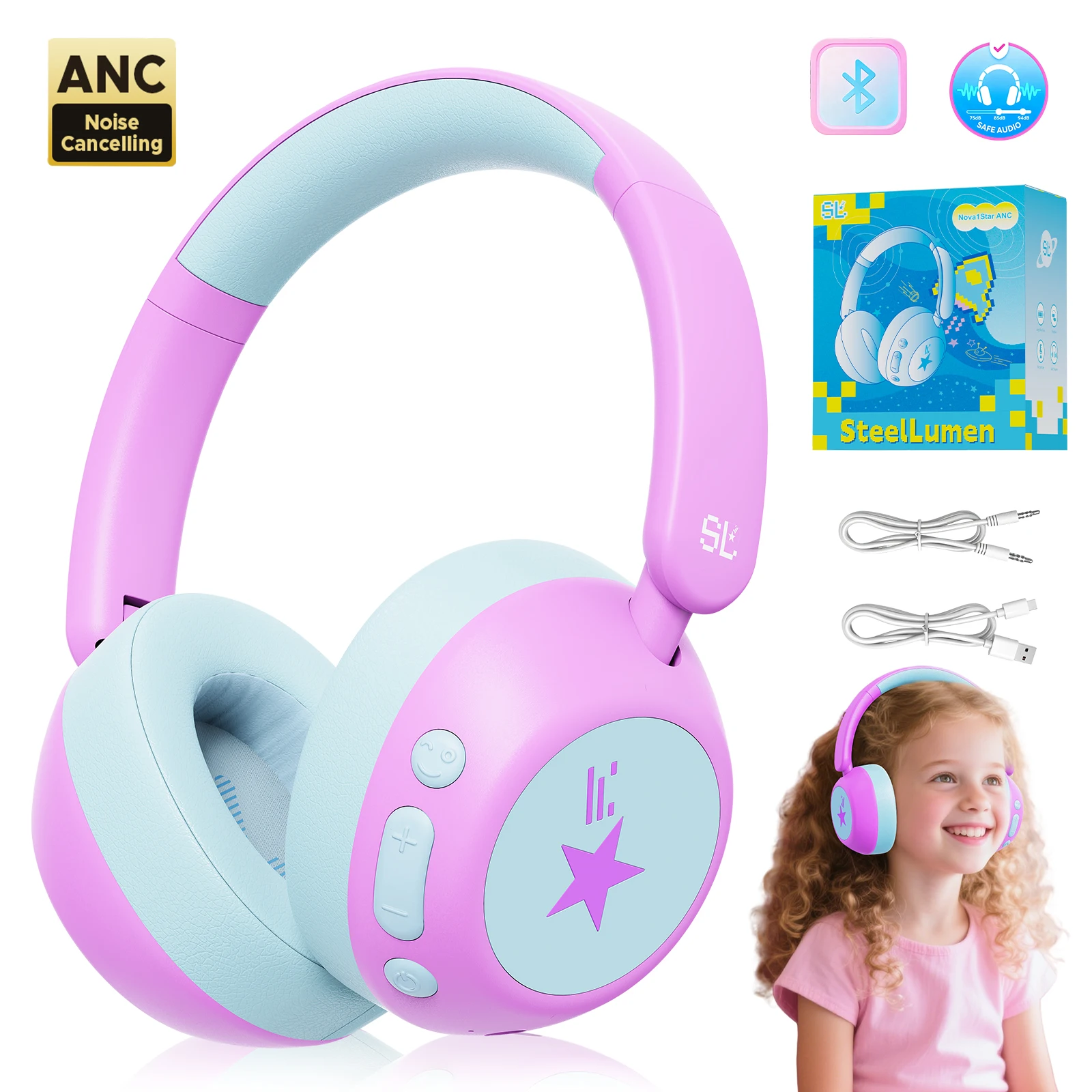 

QearFun Kids ANC Noise Cancelling Headphones - Safe Volume, 70H Playtime, Bluetooth 6.0 ,Comfy Foldable Design for Boys & Girls