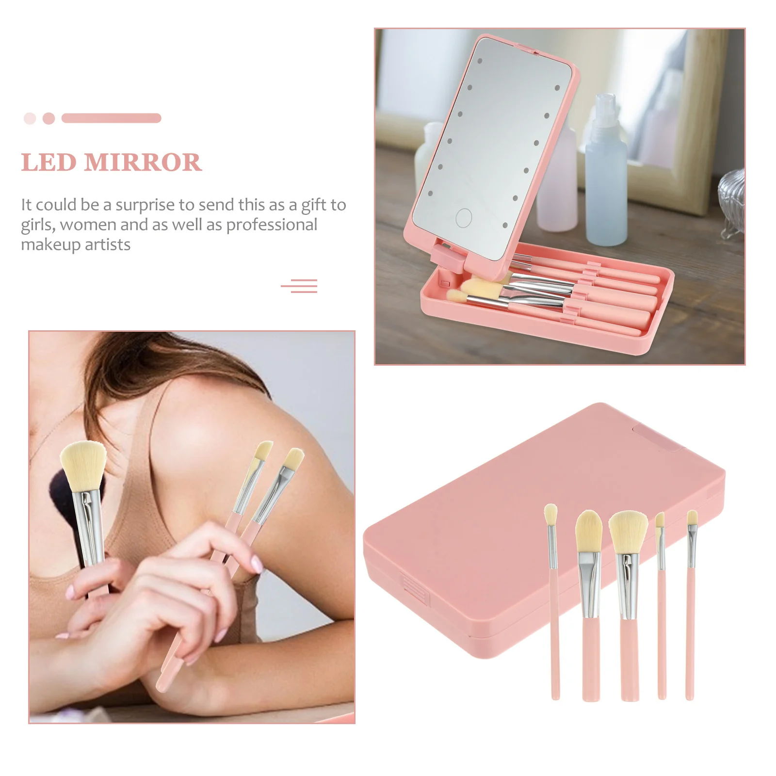5Pcs Makeup Mirror Set LED Light Folding Travel Mirror with Brush Storage Rotatable Compact Vanity for Women Girls Gift